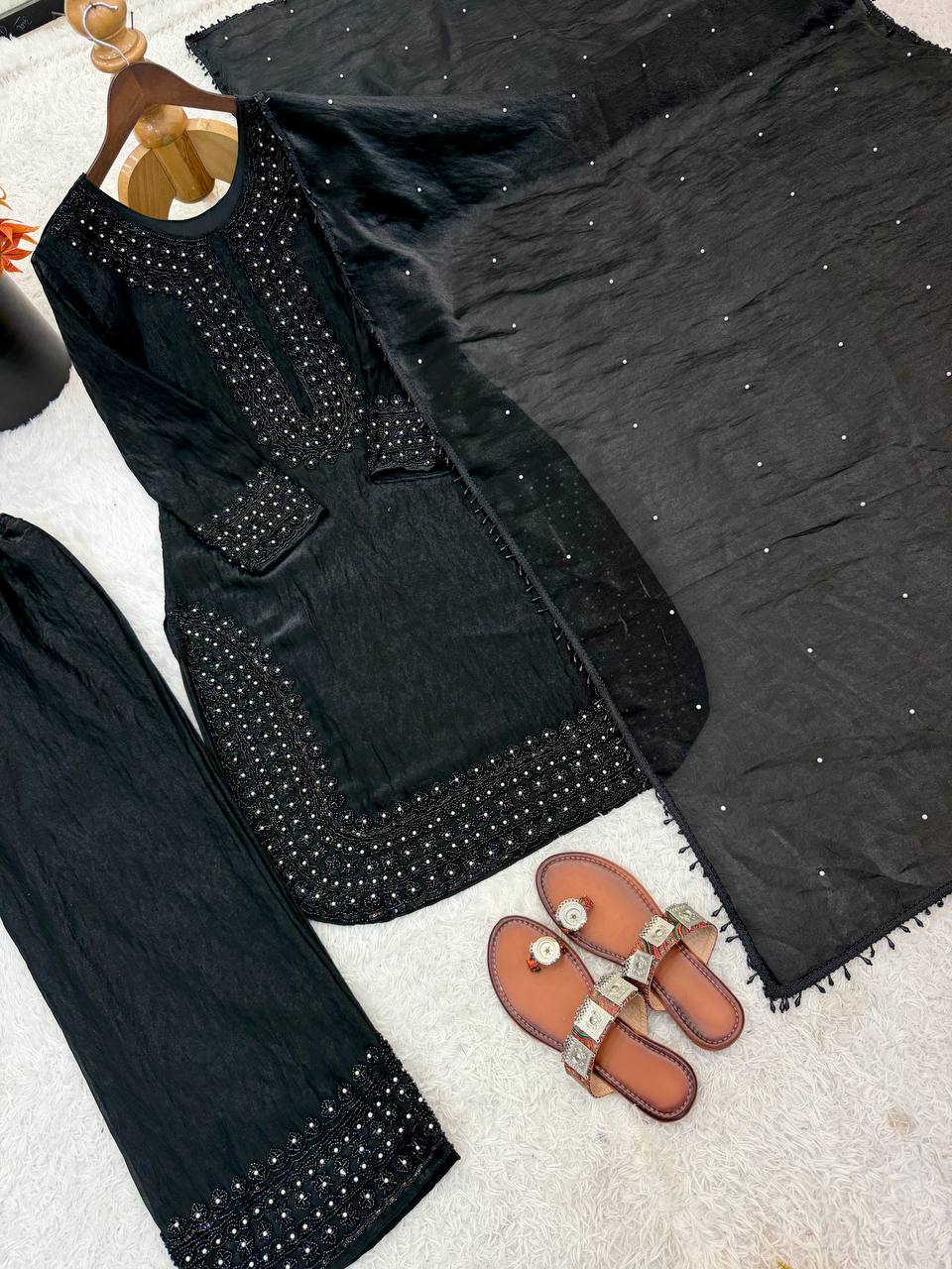Heavy Fandy Silk Suit with Embroidery Beads Work & Moti Dupatta