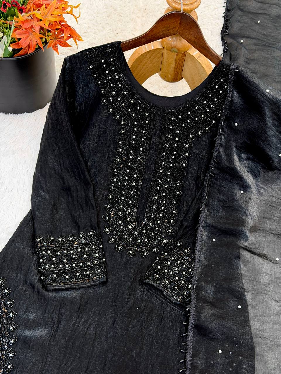 Heavy Fandy Silk Suit with Embroidery Beads Work & Moti Dupatta