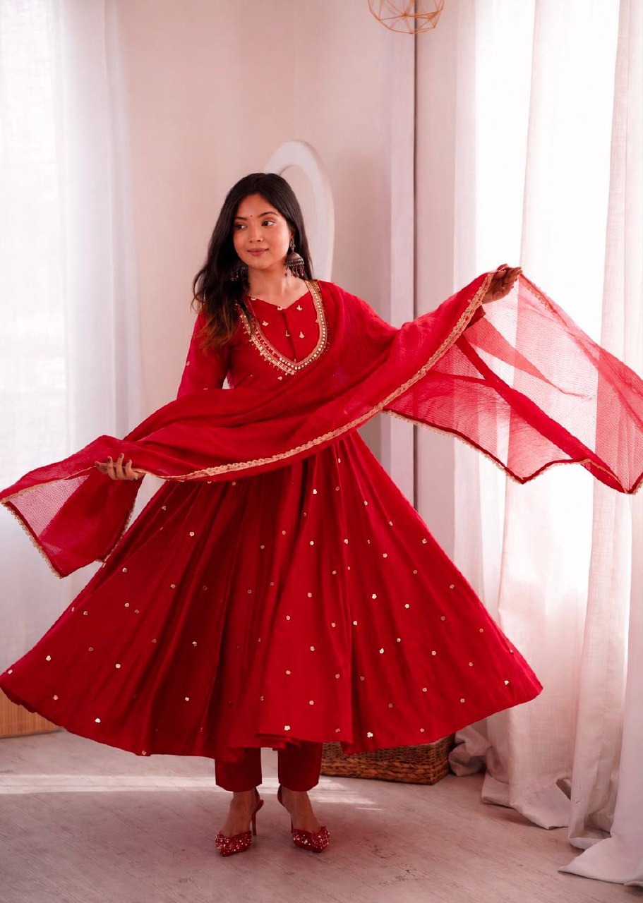 Designer Roman Silk Gown with Real Mirror Embroidery and Dupatta