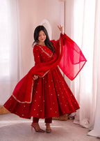Designer Roman Silk Gown with Real Mirror Embroidery and Dupatta