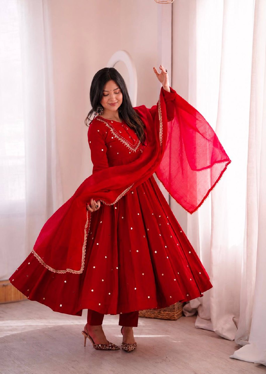 Designer Roman Silk Gown with Real Mirror Embroidery and Dupatta