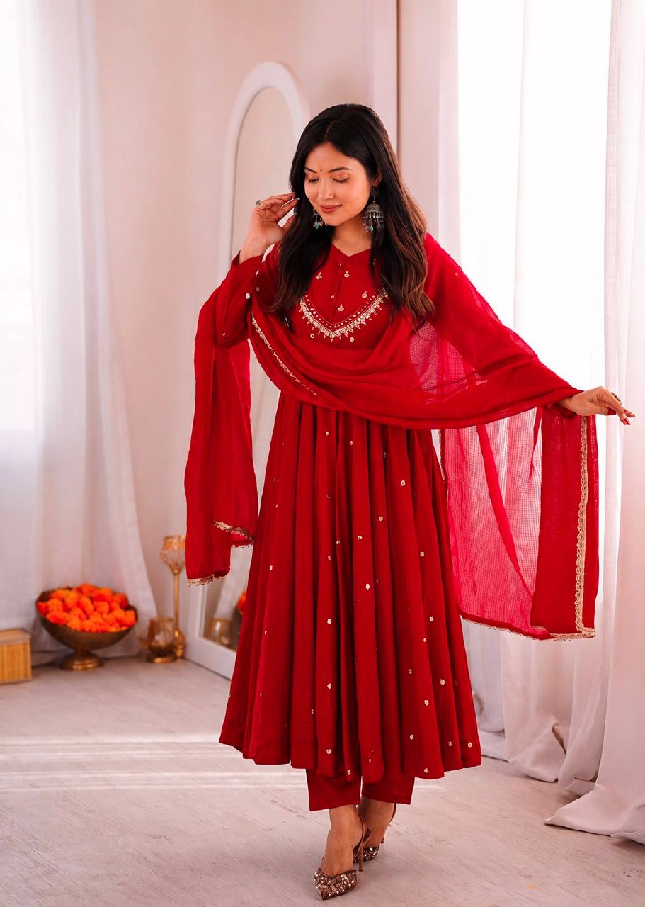 Designer Roman Silk Gown with Real Mirror Embroidery and Dupatta