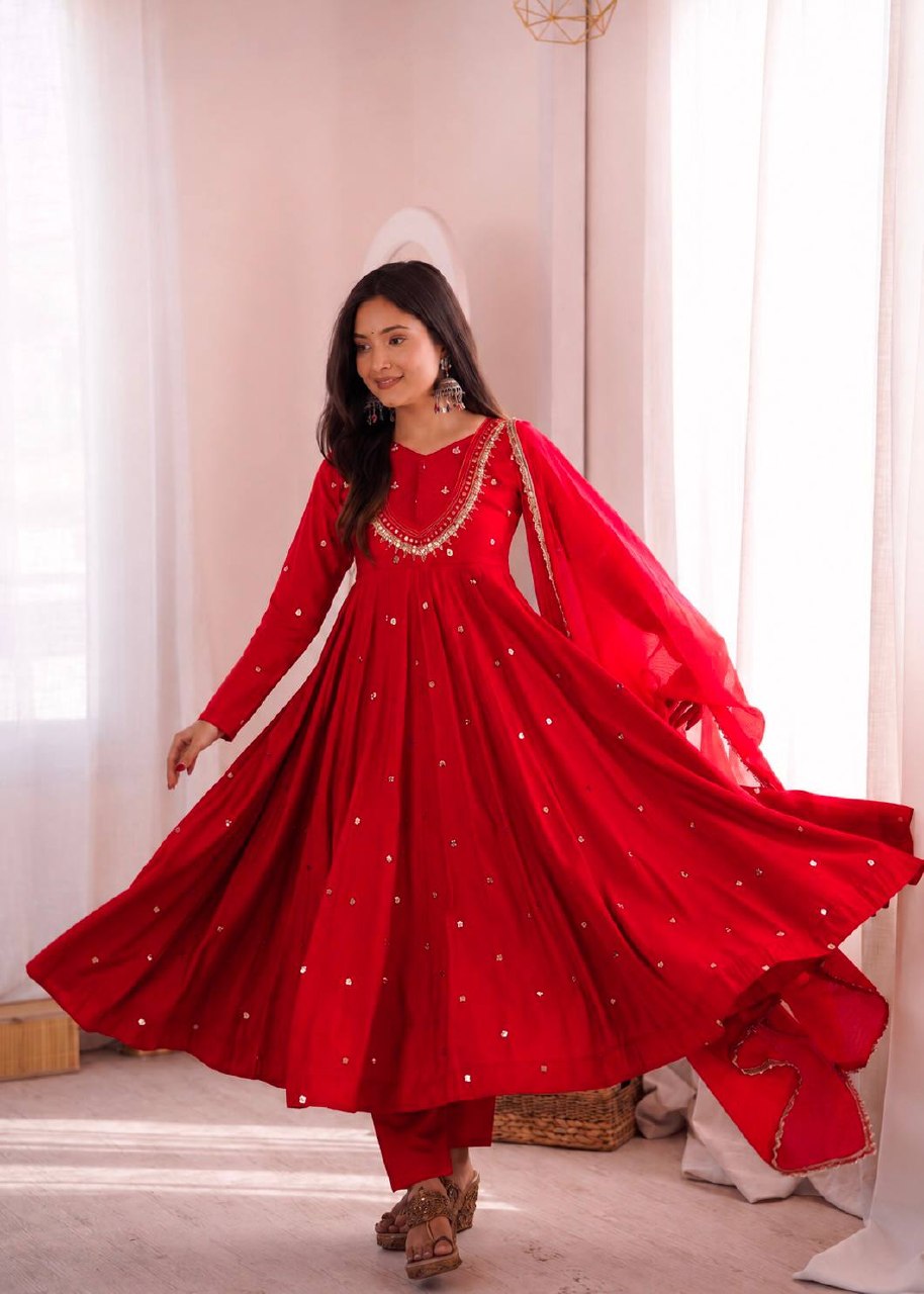 Designer Roman Silk Gown with Real Mirror Embroidery and Dupatta