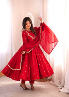 Designer Roman Silk Gown with Real Mirror Embroidery and Dupatta
