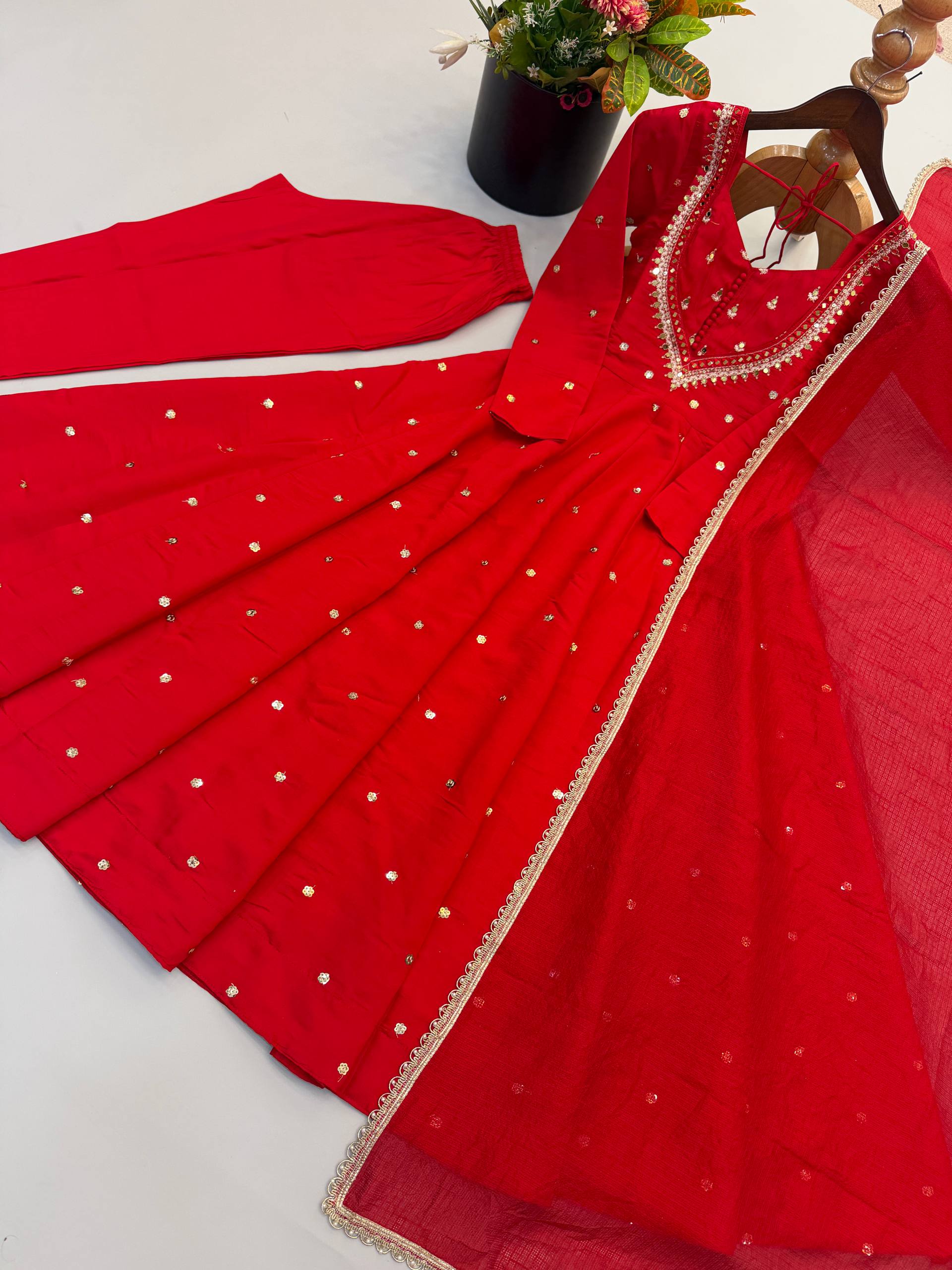 Designer Roman Silk Gown with Real Mirror Embroidery and Dupatta