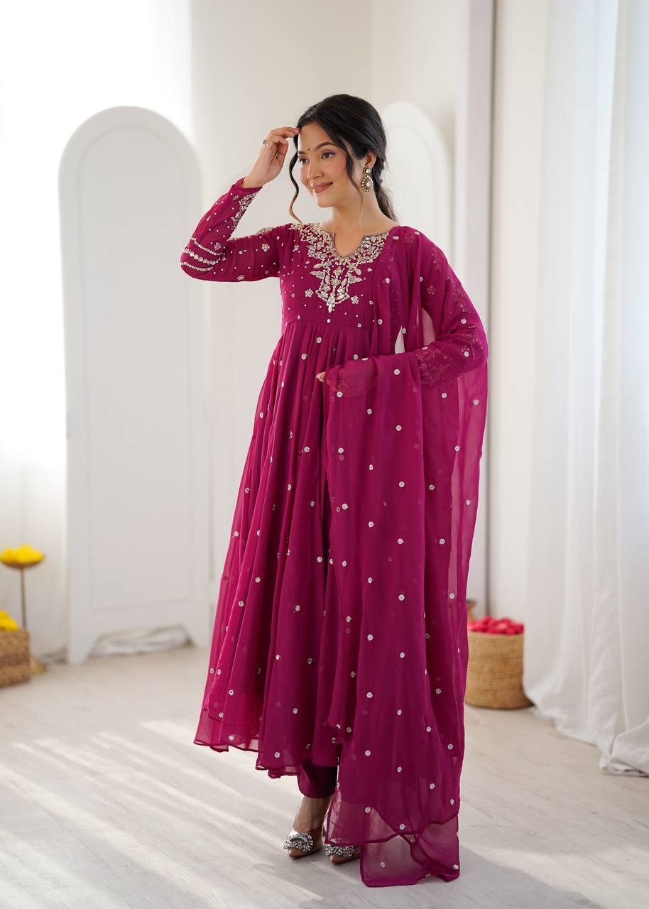Noorelle Luxe Designer 7 Meter Flared Faux Georgette Gown with Dupatta