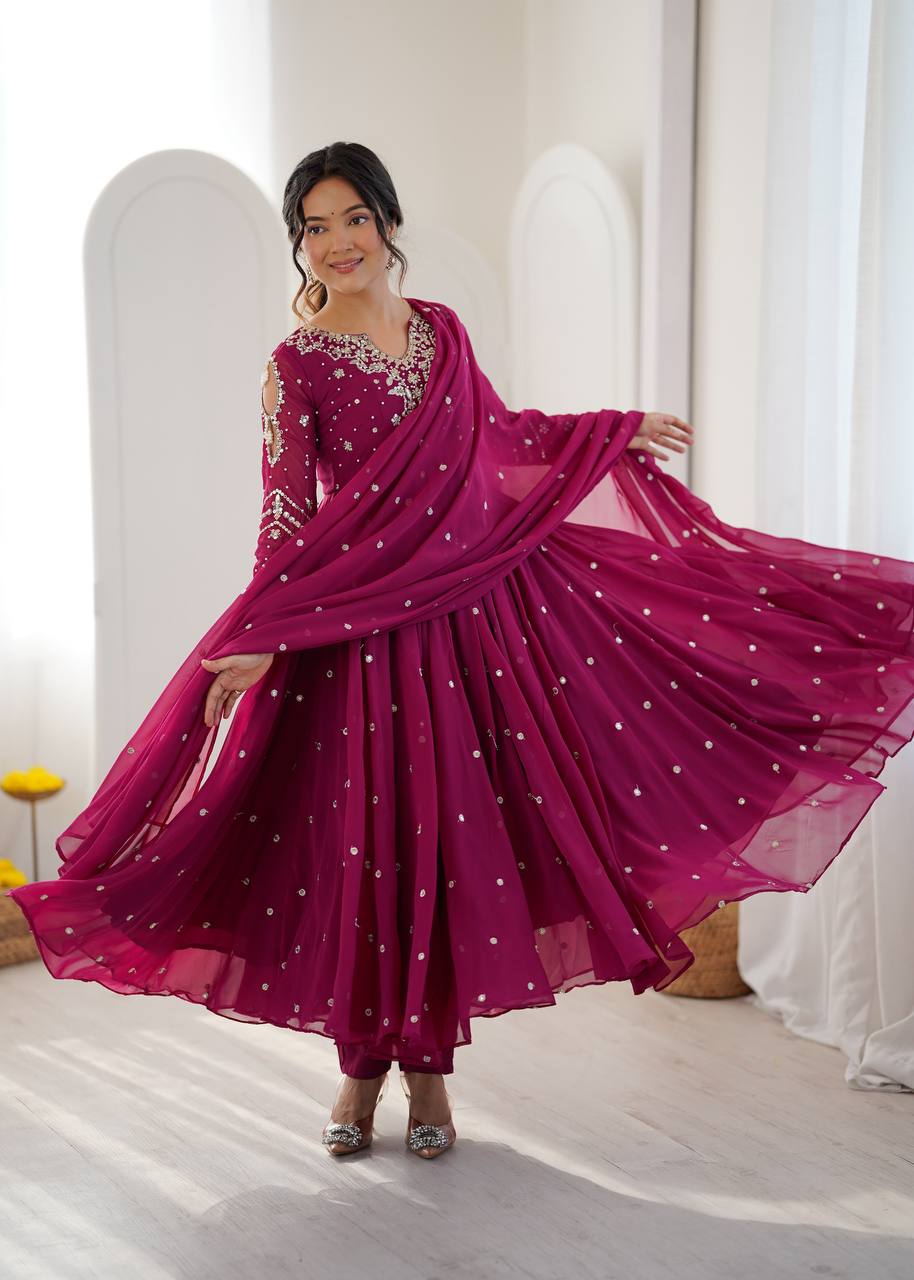Noorelle Luxe Designer 7 Meter Flared Faux Georgette Gown with Dupatta