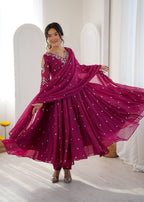 Noorelle Luxe Designer 7 Meter Flared Faux Georgette Gown with Dupatta