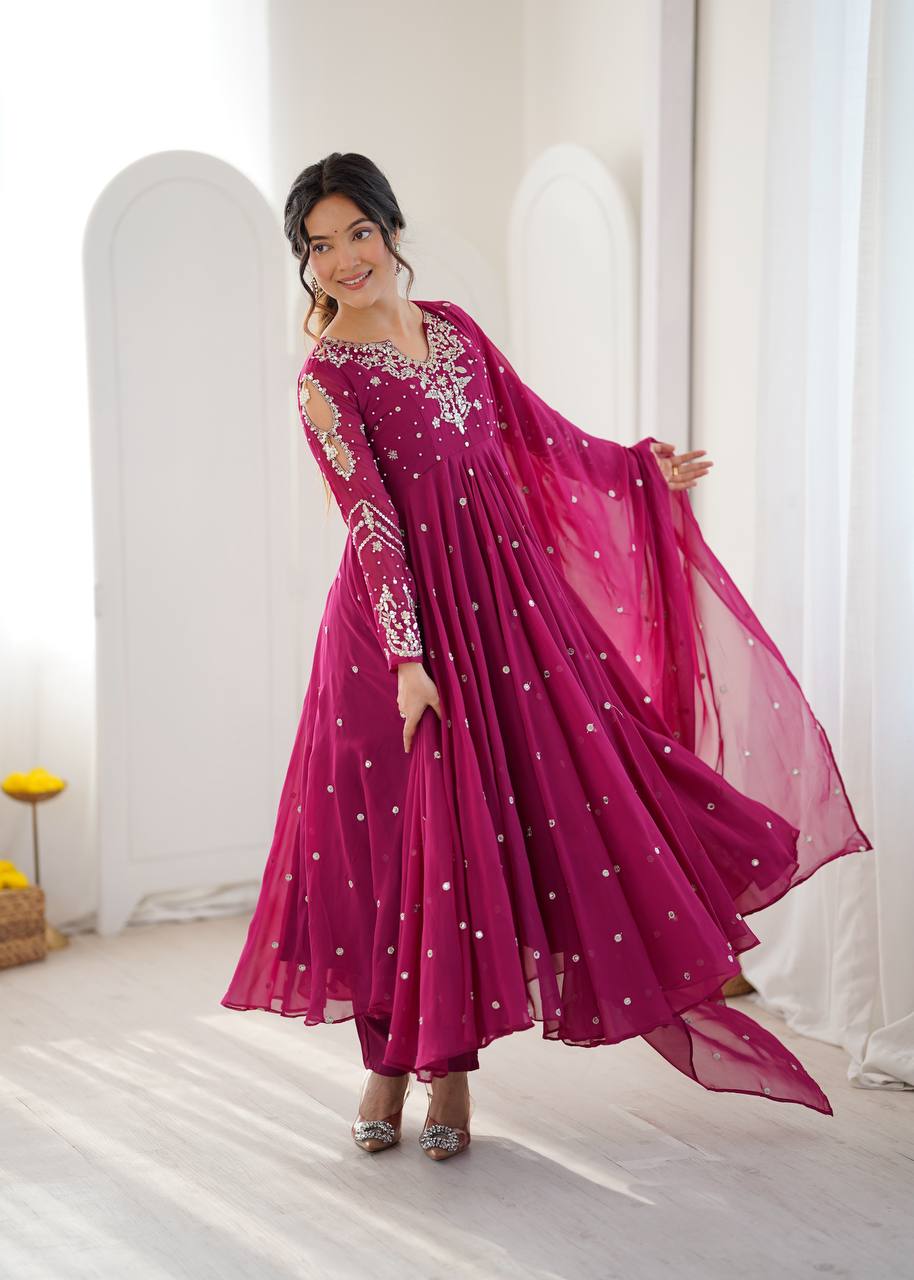 Noorelle Luxe Designer 7 Meter Flared Faux Georgette Gown with Dupatta