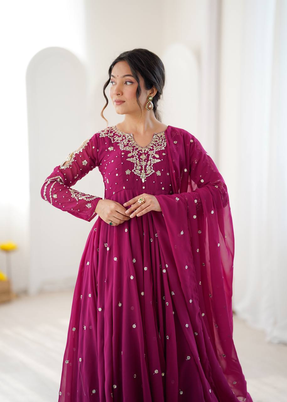 Noorelle Luxe Designer 7 Meter Flared Faux Georgette Gown with Dupatta