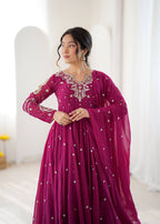 Noorelle Luxe Designer 7 Meter Flared Faux Georgette Gown with Dupatta