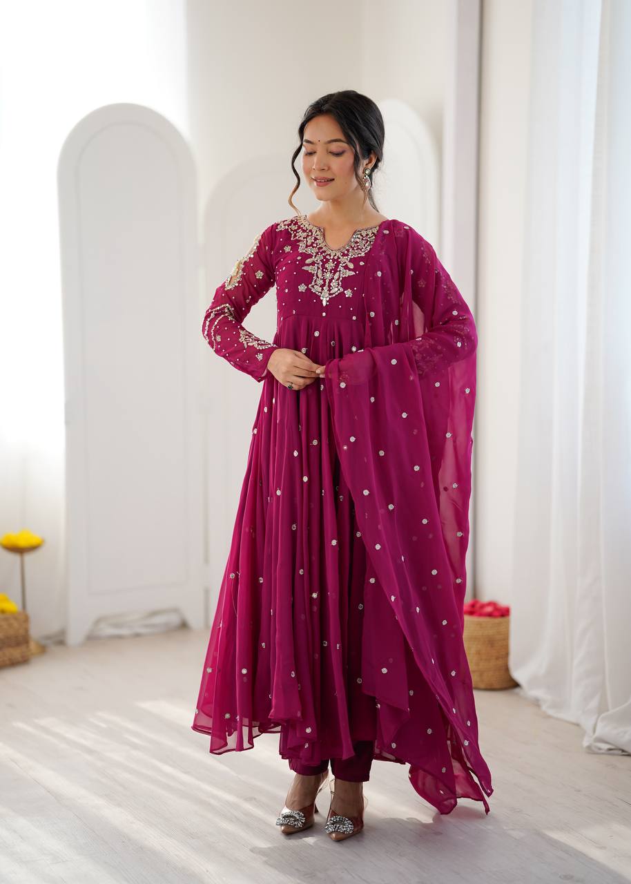 Noorelle Luxe Designer 7 Meter Flared Faux Georgette Gown with Dupatta