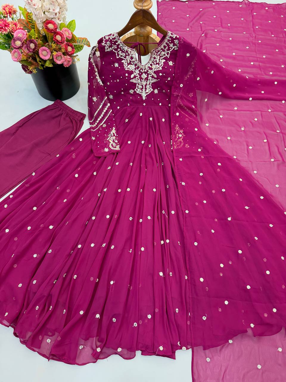Noorelle Luxe Designer 7 Meter Flared Faux Georgette Gown with Dupatta