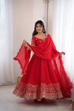 Designer Fendy Silk Gown Set with Heavy Embroidery Codding & Sequin Work, Full Sleeve Gown, Micro Cotton Pant and Matching Dupatta