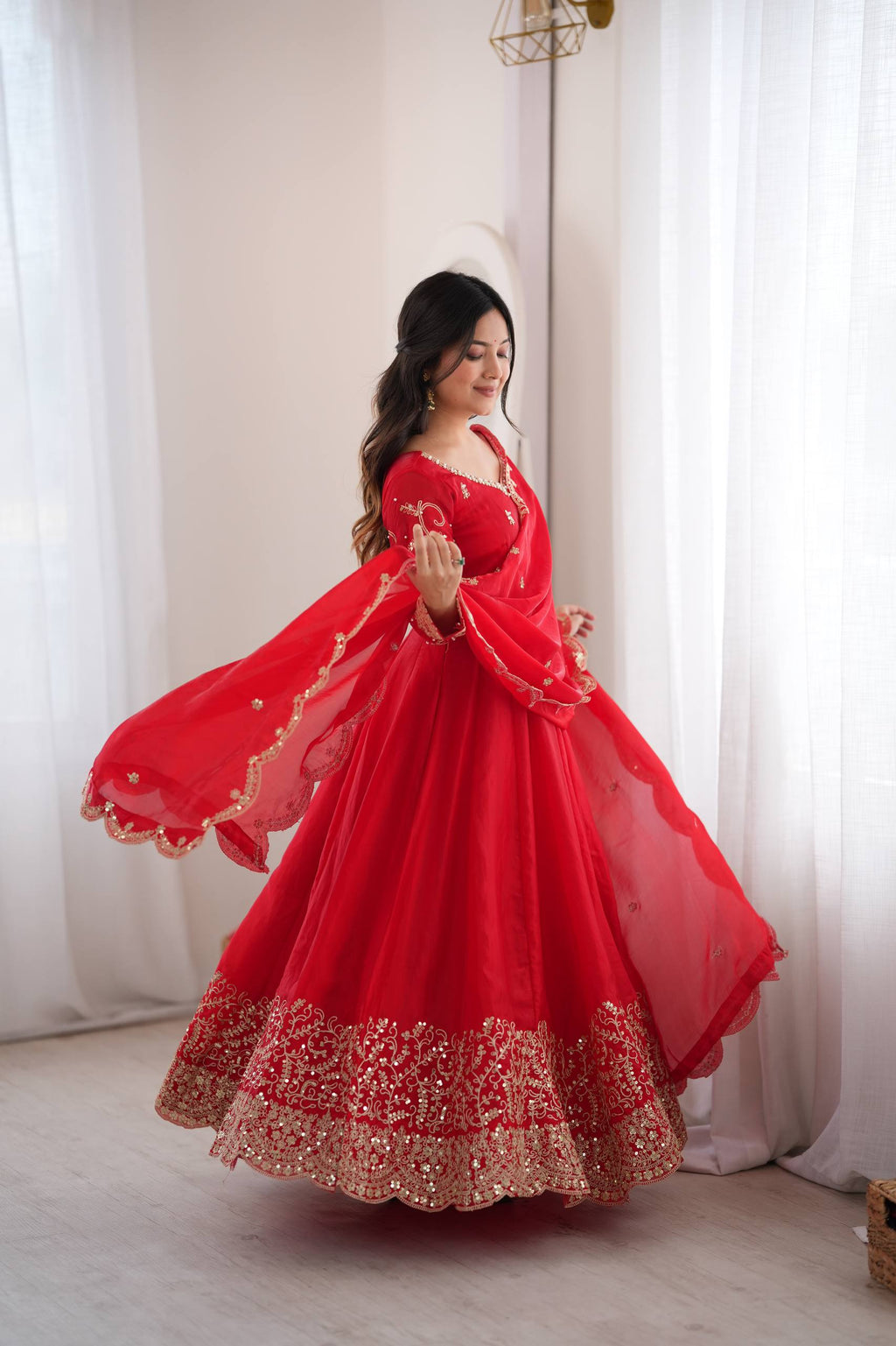 Designer Fendy Silk Gown Set with Heavy Embroidery Codding & Sequin Work, Full Sleeve Gown, Micro Cotton Pant and Matching Dupatta