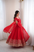 Designer Fendy Silk Gown Set with Heavy Embroidery Codding & Sequin Work, Full Sleeve Gown, Micro Cotton Pant and Matching Dupatta
