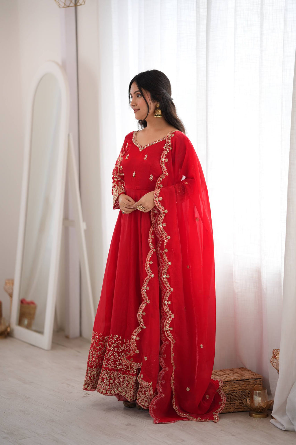 Designer Fendy Silk Gown Set with Heavy Embroidery Codding & Sequin Work, Full Sleeve Gown, Micro Cotton Pant and Matching Dupatta