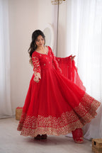 Designer Fendy Silk Gown Set with Heavy Embroidery Codding & Sequin Work, Full Sleeve Gown, Micro Cotton Pant and Matching Dupatta