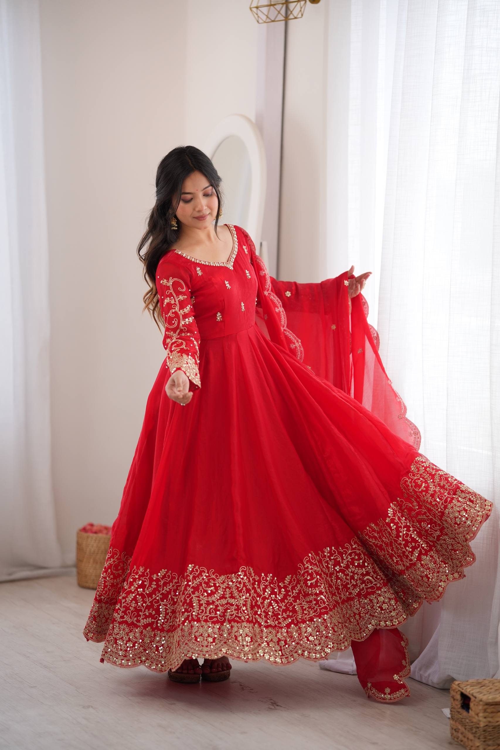 Designer Fendy Silk Gown Set with Heavy Embroidery Codding & Sequin Work, Full Sleeve Gown, Micro Cotton Pant and Matching Dupatta