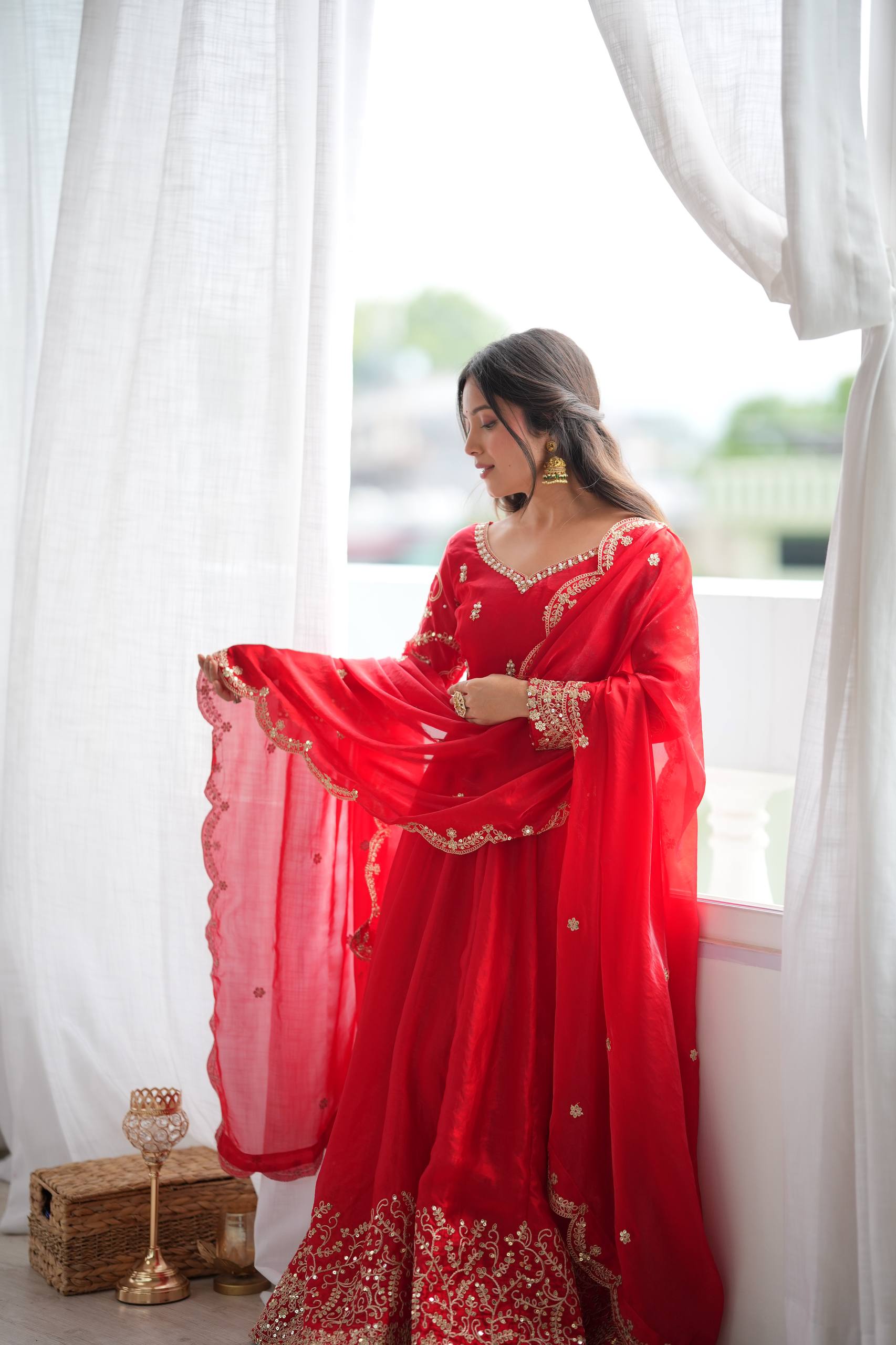Designer Fendy Silk Gown Set with Heavy Embroidery Codding & Sequin Work, Full Sleeve Gown, Micro Cotton Pant and Matching Dupatta