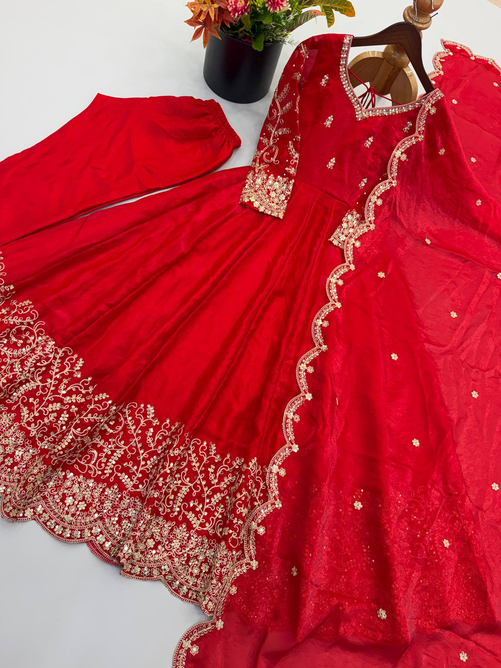 Designer Fendy Silk Gown Set with Heavy Embroidery Codding & Sequin Work, Full Sleeve Gown, Micro Cotton Pant and Matching Dupatta