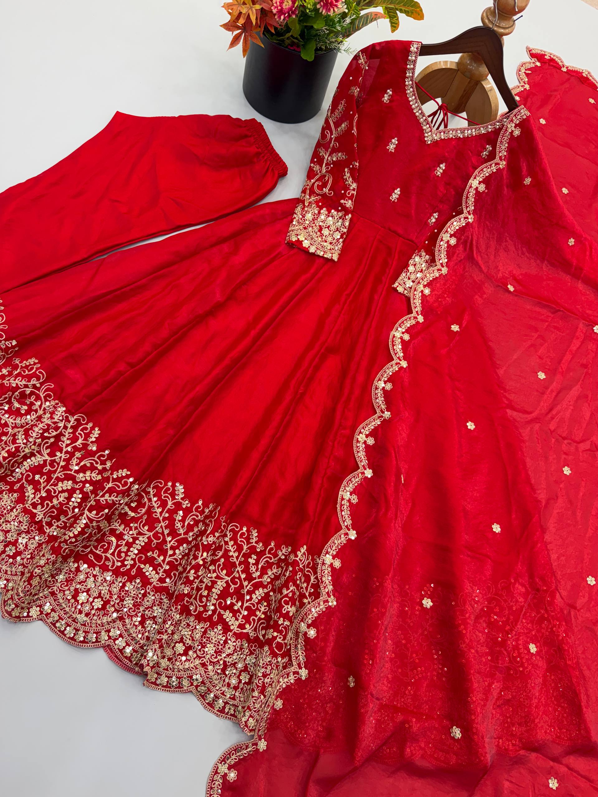 Designer Fendy Silk Gown Set with Heavy Embroidery Codding & Sequin Work, Full Sleeve Gown, Micro Cotton Pant and Matching Dupatta