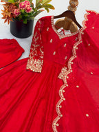Designer Fendy Silk Gown Set with Heavy Embroidery Codding & Sequin Work, Full Sleeve Gown, Micro Cotton Pant and Matching Dupatta