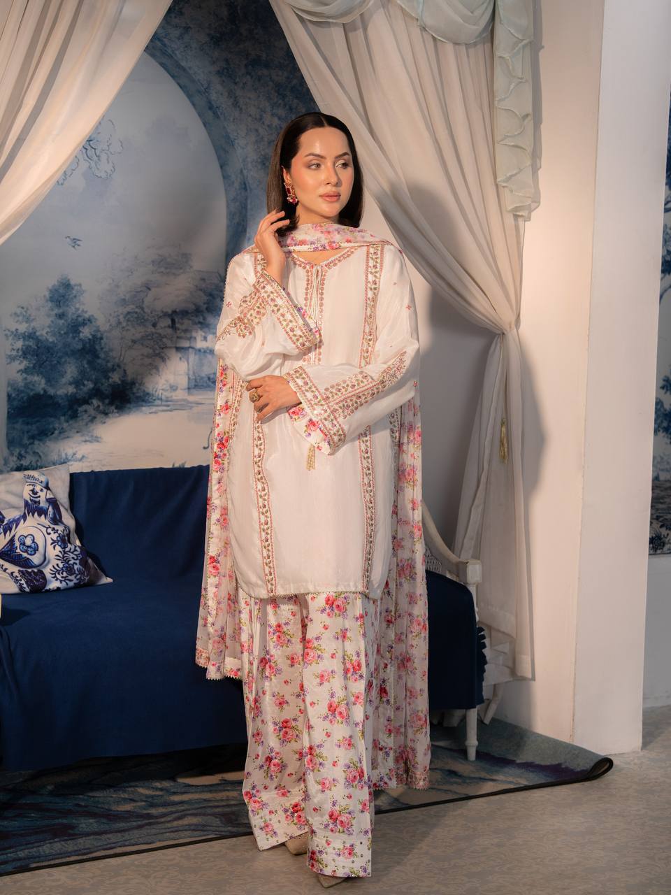 Meherzaa Designer Natural Crepe Embroidered Kurta with Digital Print Farshi Pant & Faux Georgette Dupatta