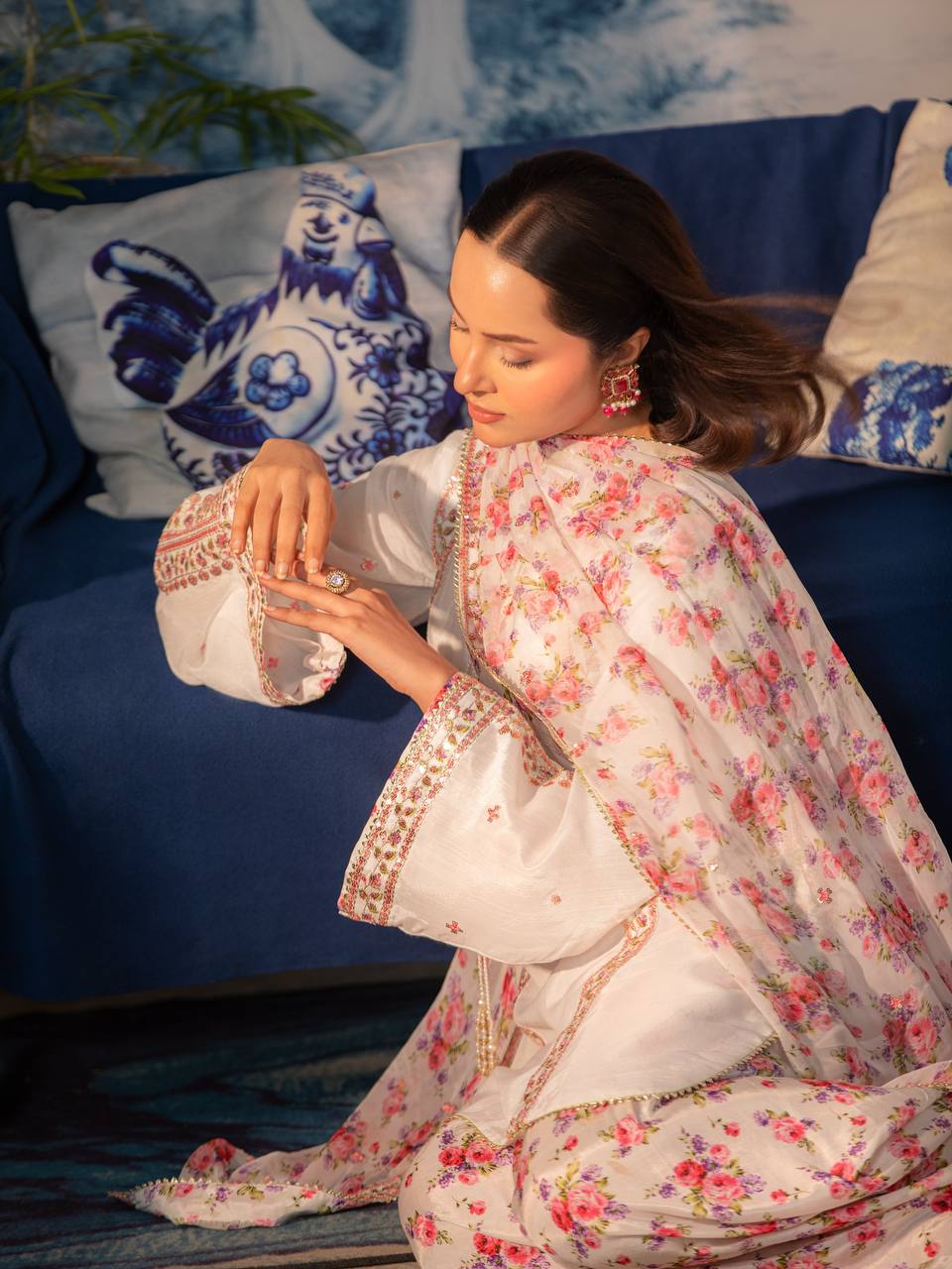 Meherzaa Designer Natural Crepe Embroidered Kurta with Digital Print Farshi Pant & Faux Georgette Dupatta