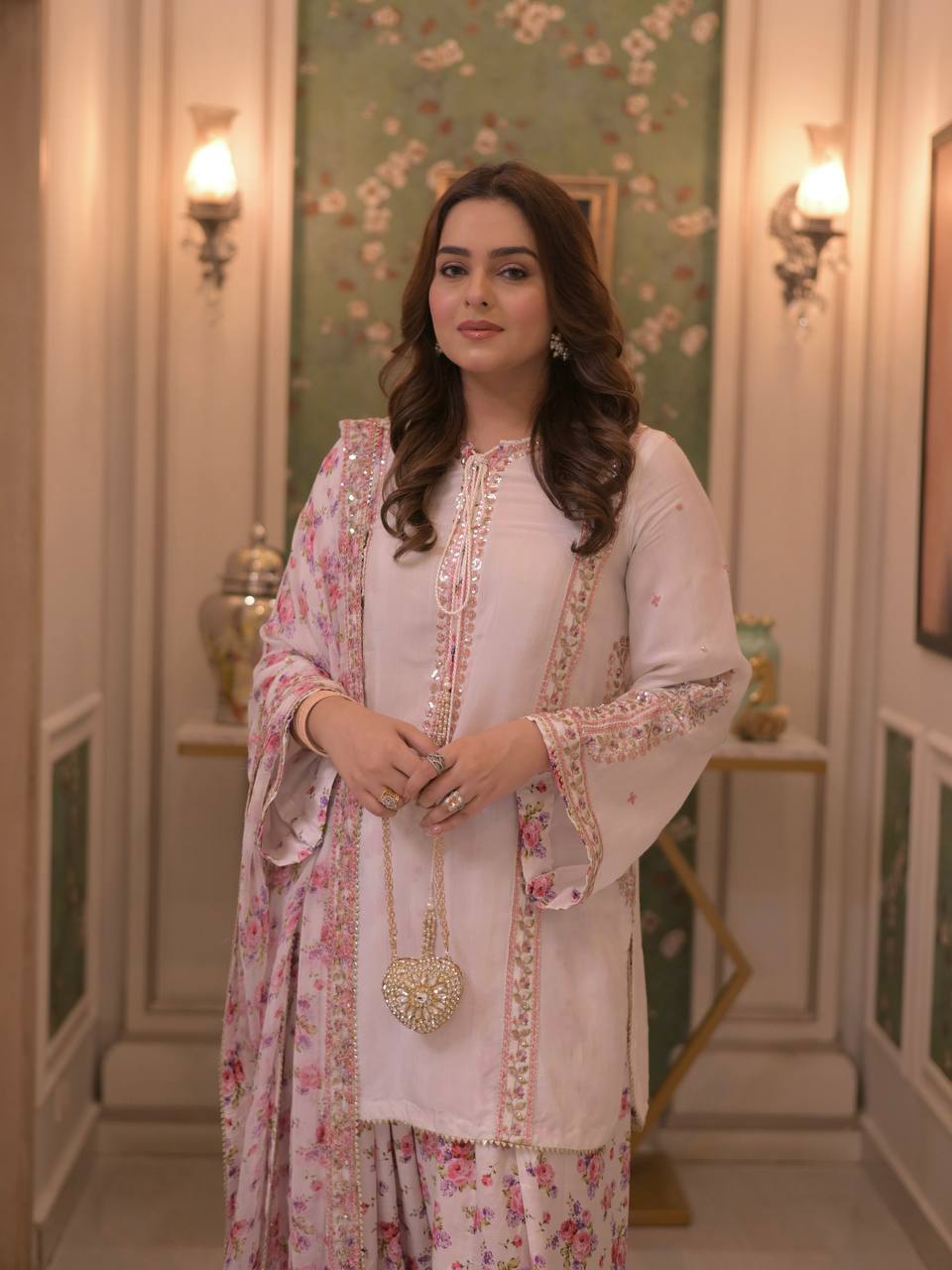 Meherzaa Designer Natural Crepe Embroidered Kurta with Digital Print Farshi Pant & Faux Georgette Dupatta