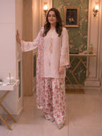 Meherzaa Designer Natural Crepe Embroidered Kurta with Digital Print Farshi Pant & Faux Georgette Dupatta