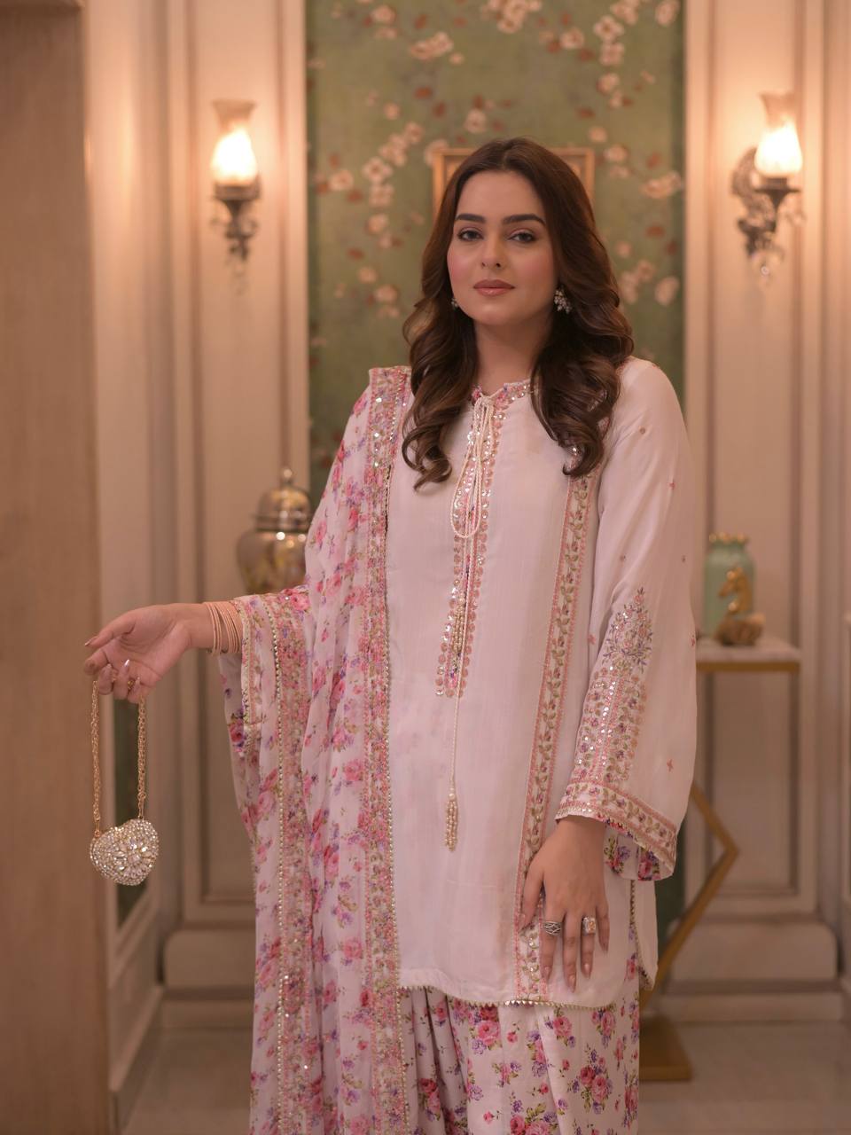 Meherzaa Designer Natural Crepe Embroidered Kurta with Digital Print Farshi Pant & Faux Georgette Dupatta