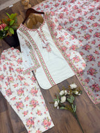 Meherzaa Designer Natural Crepe Embroidered Kurta with Digital Print Farshi Pant & Faux Georgette Dupatta