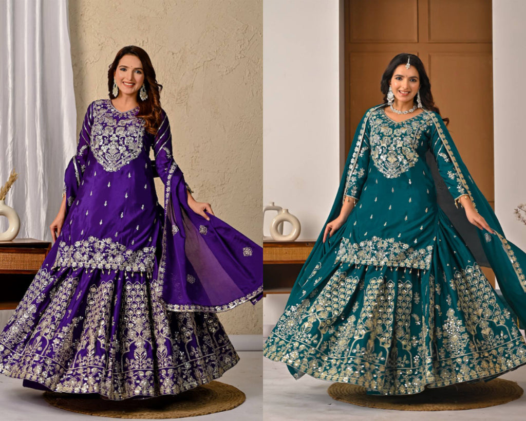Designer Chinnon Silk Lehenga Choli Set with Embroidery & Sequins