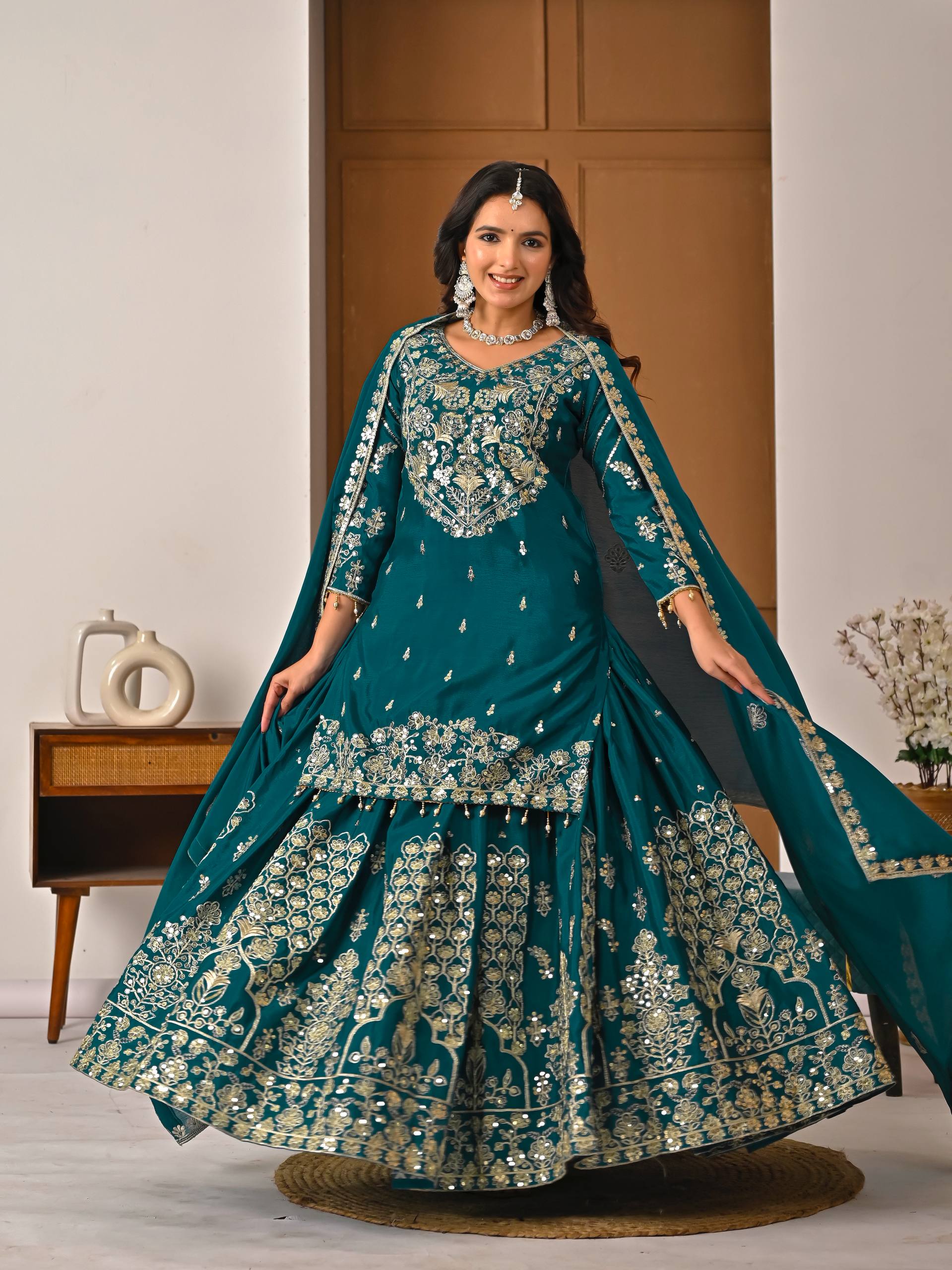 Designer Chinnon Silk Lehenga Choli Set with Embroidery & Sequins