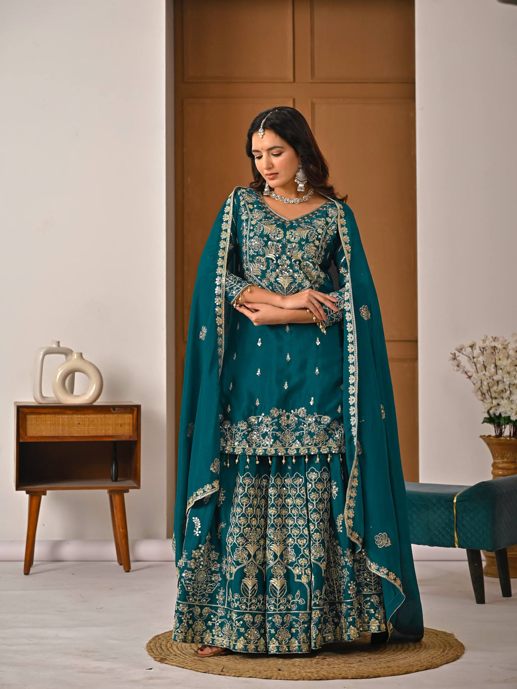 Designer Chinnon Silk Lehenga Choli Set with Embroidery & Sequins