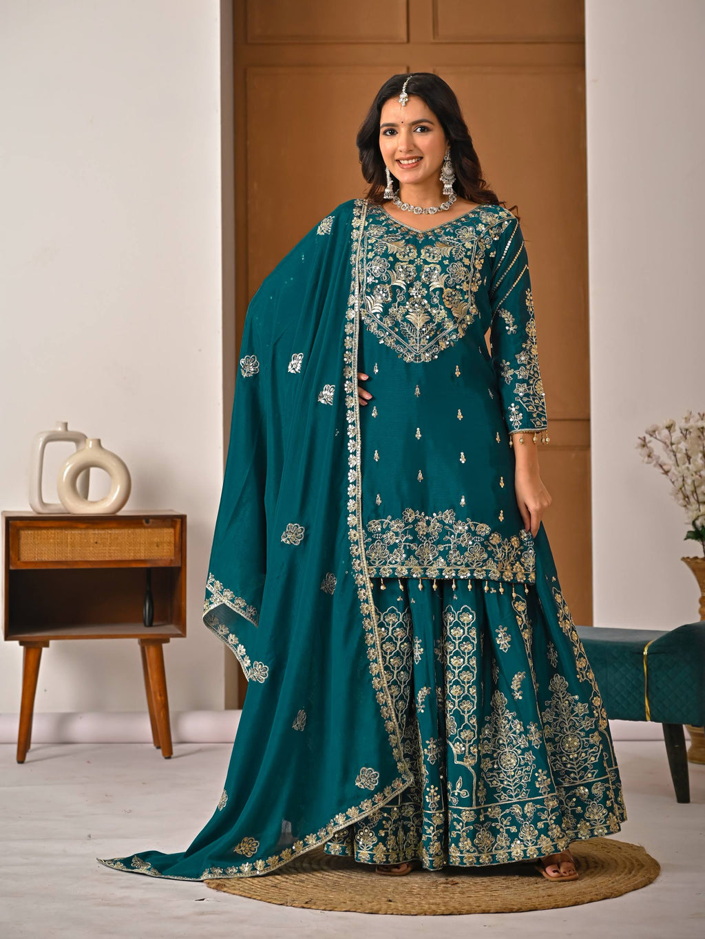 Designer Chinnon Silk Lehenga Choli Set with Embroidery & Sequins
