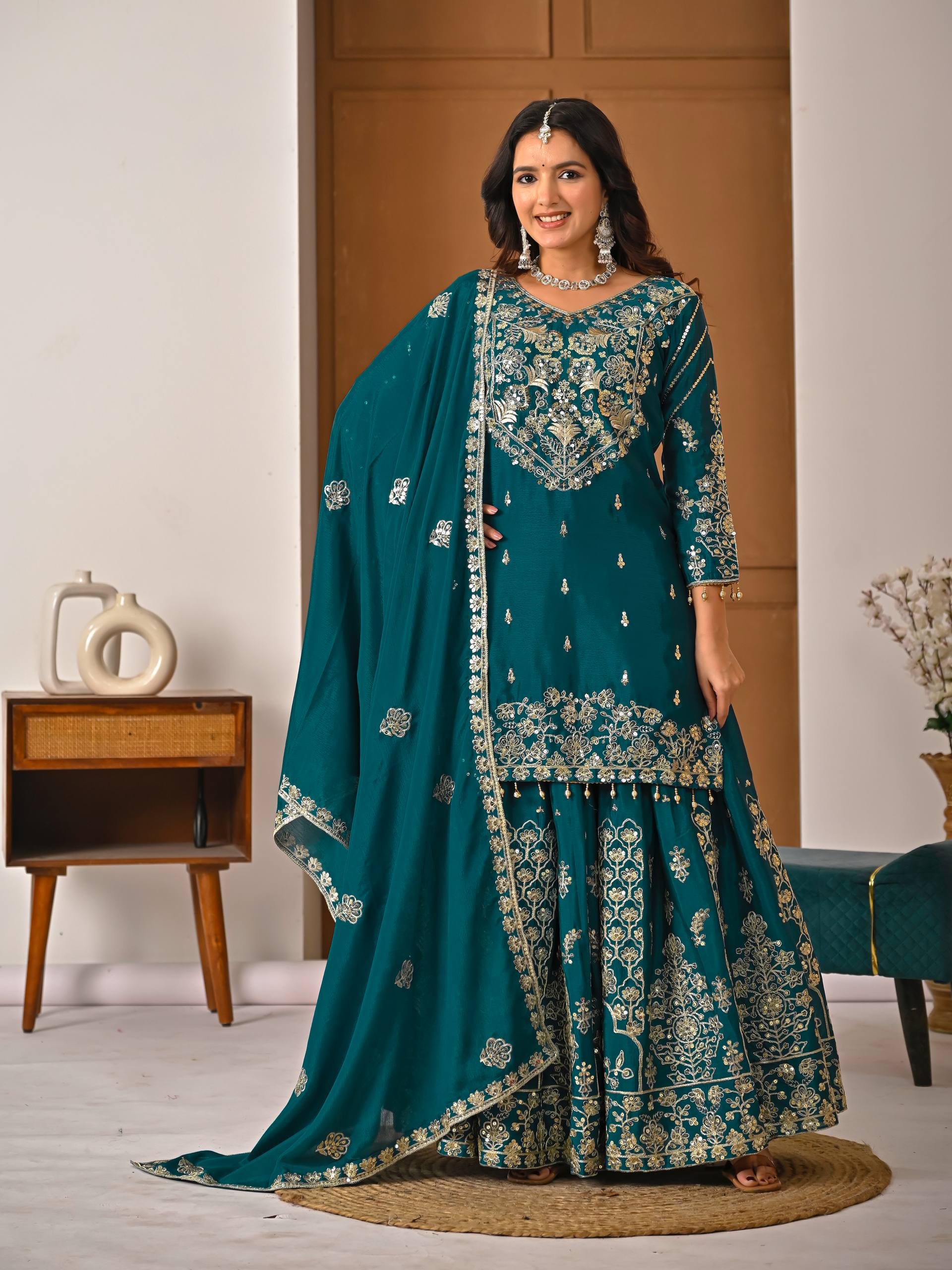 Designer Chinnon Silk Lehenga Choli Set with Embroidery & Sequins