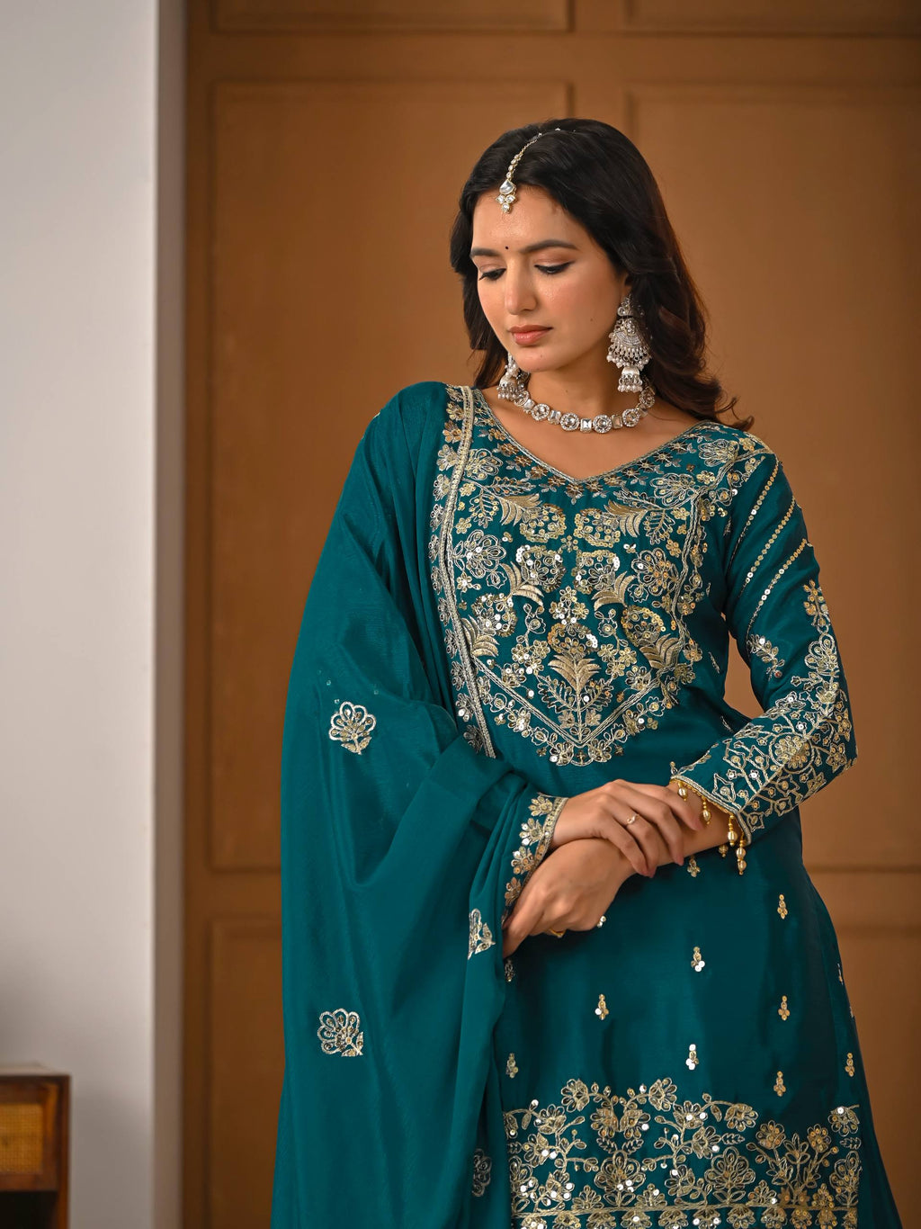 Designer Chinnon Silk Lehenga Choli Set with Embroidery & Sequins