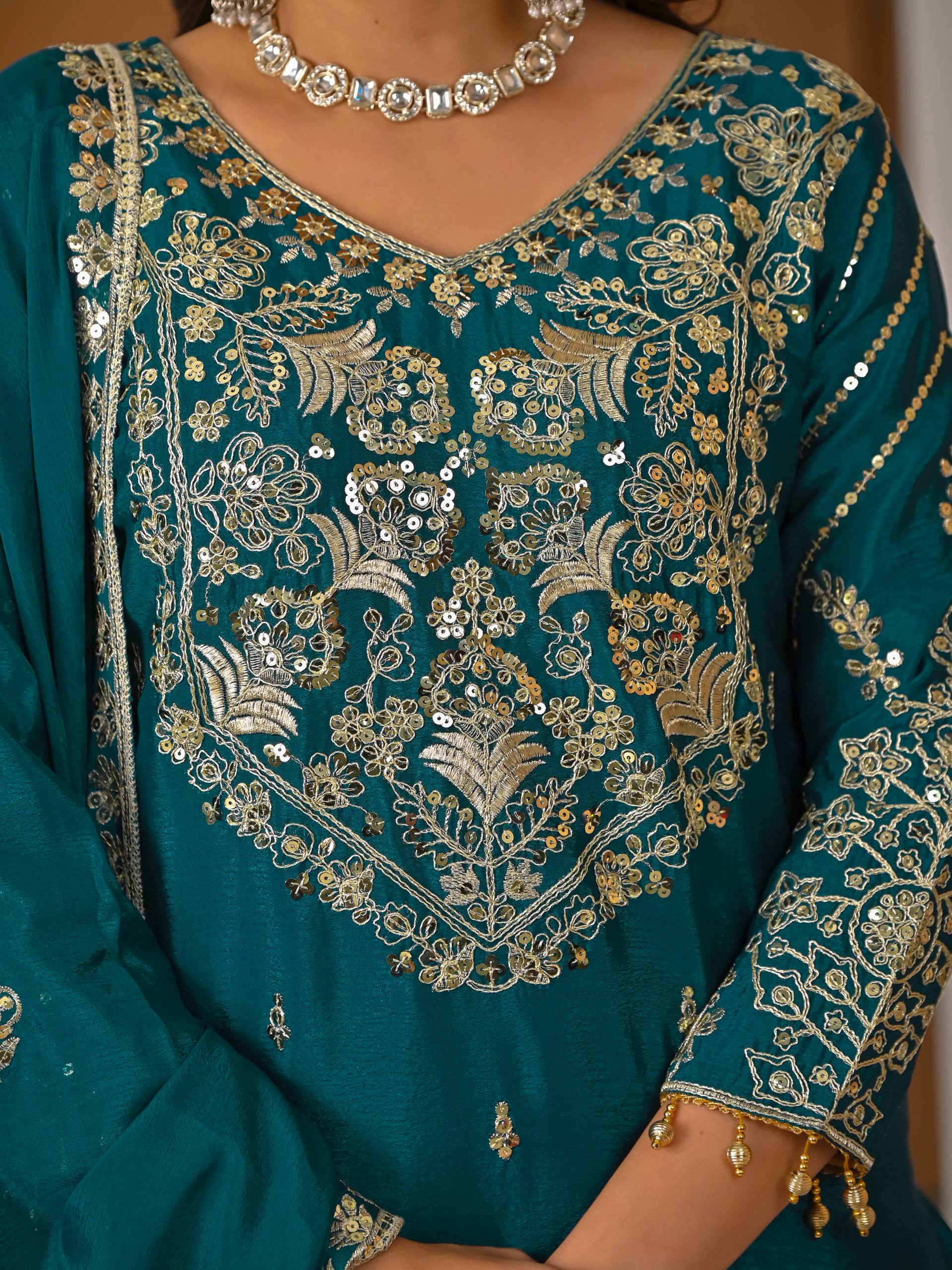 Designer Chinnon Silk Lehenga Choli Set with Embroidery & Sequins