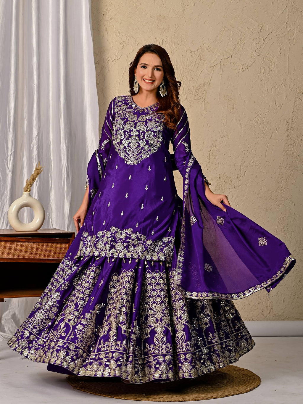 Designer Chinnon Silk Lehenga Choli Set with Embroidery & Sequins