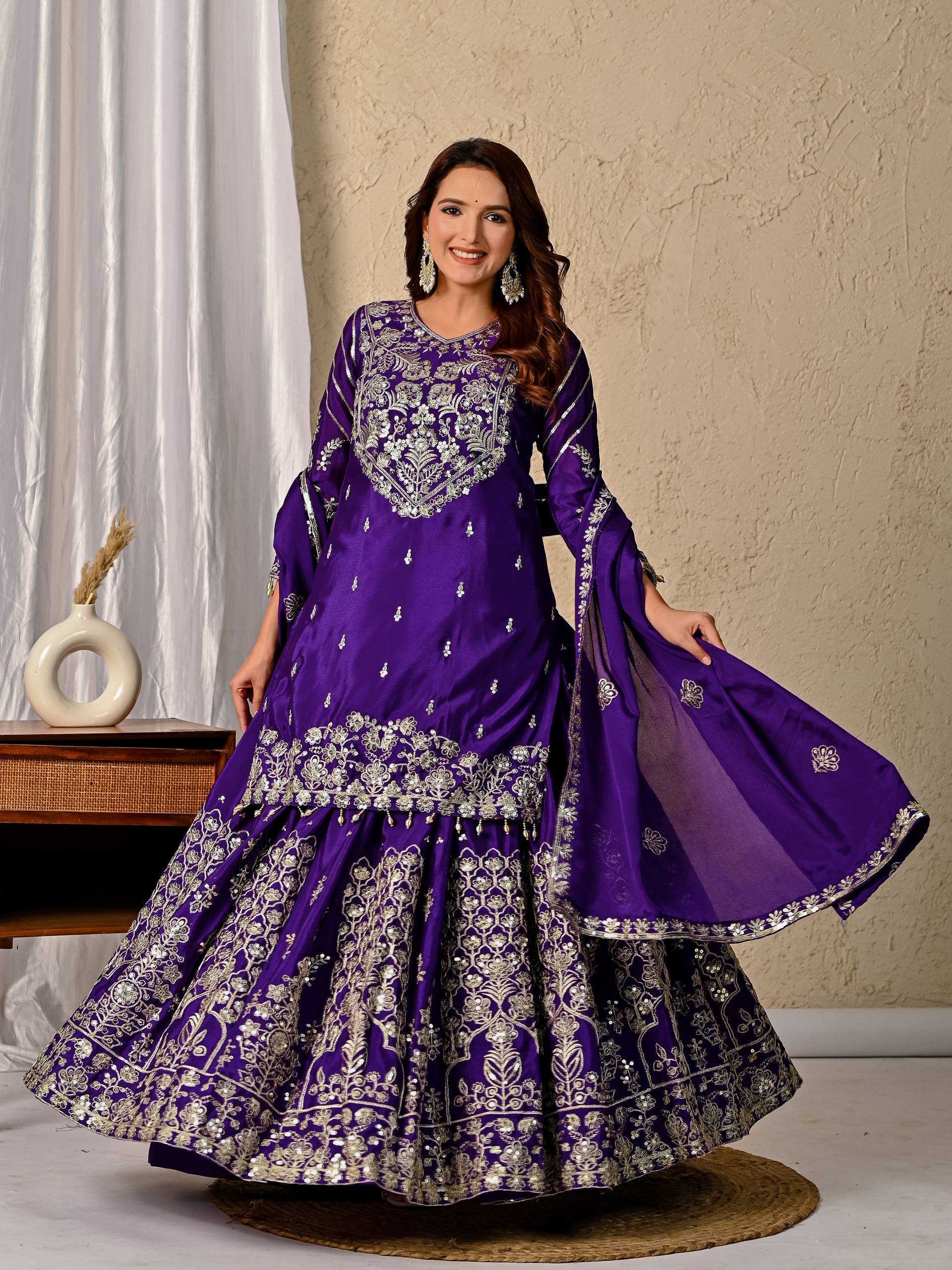Designer Chinnon Silk Lehenga Choli Set with Embroidery & Sequins