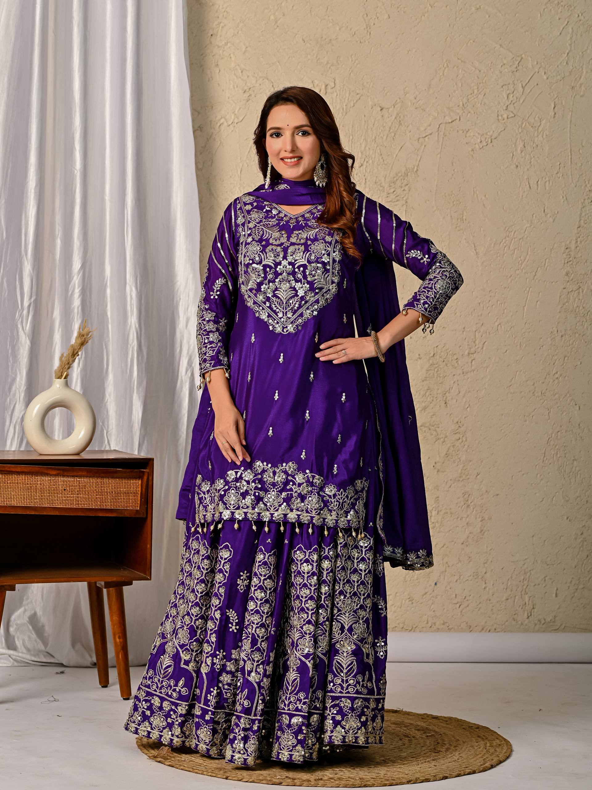Designer Chinnon Silk Lehenga Choli Set with Embroidery & Sequins