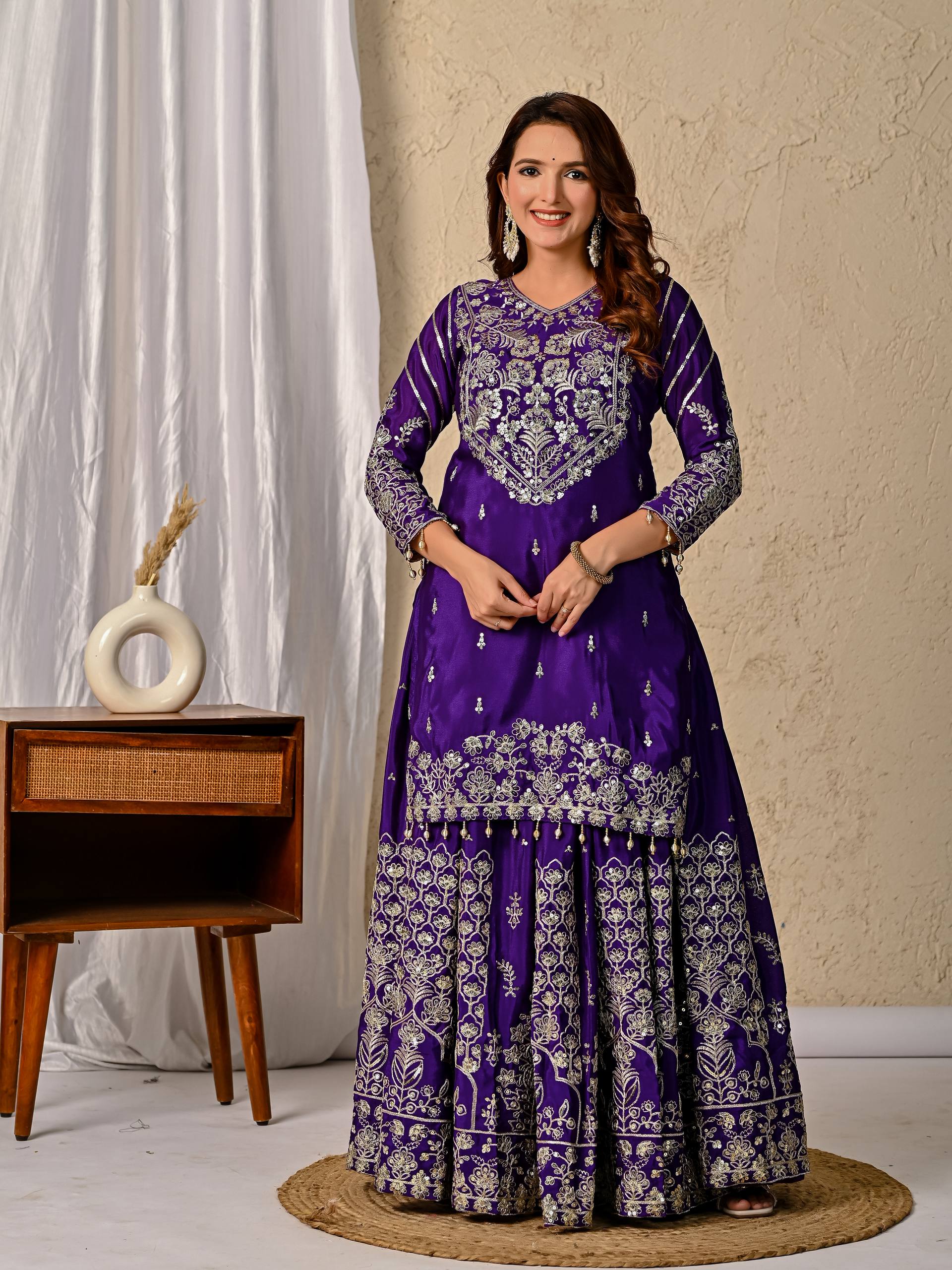 Designer Chinnon Silk Lehenga Choli Set with Embroidery & Sequins
