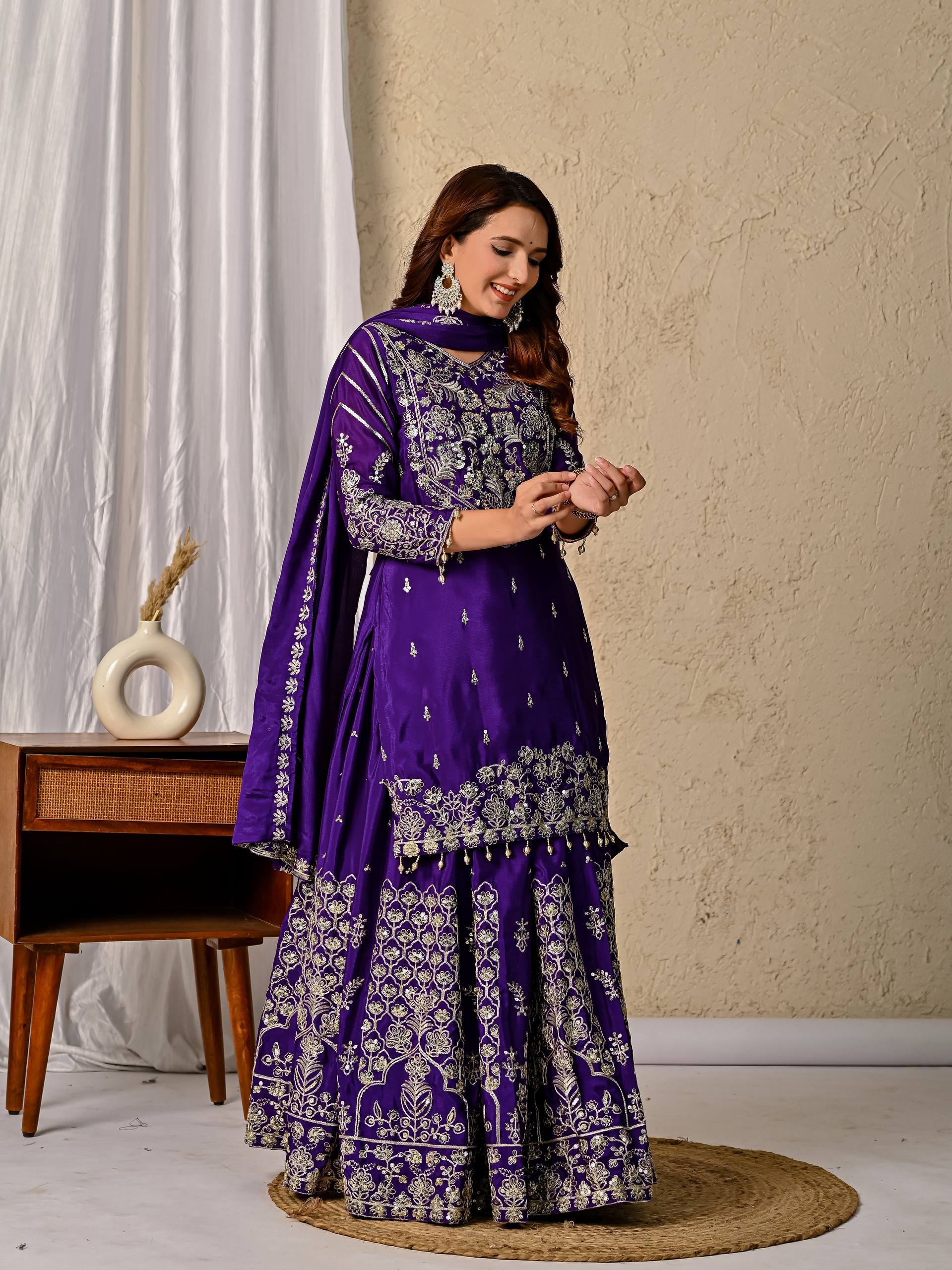 Designer Chinnon Silk Lehenga Choli Set with Embroidery & Sequins