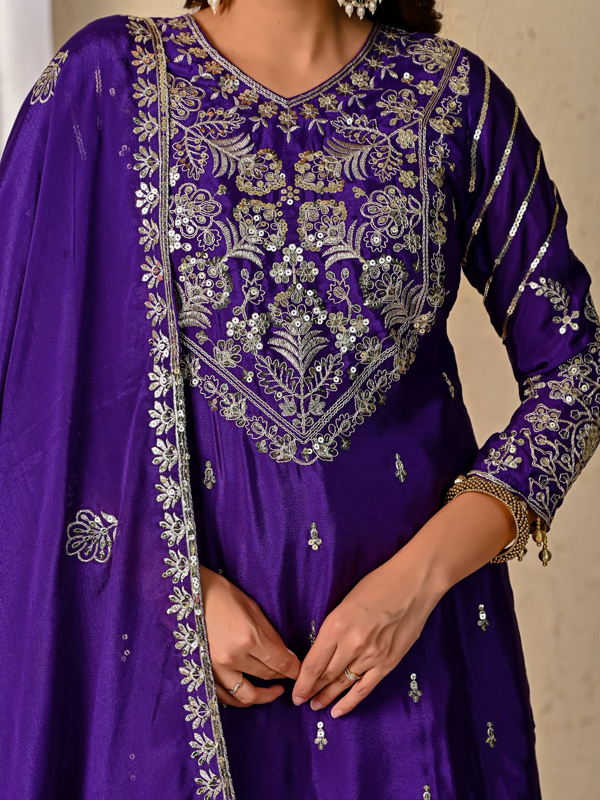 Designer Chinnon Silk Lehenga Choli Set with Embroidery & Sequins