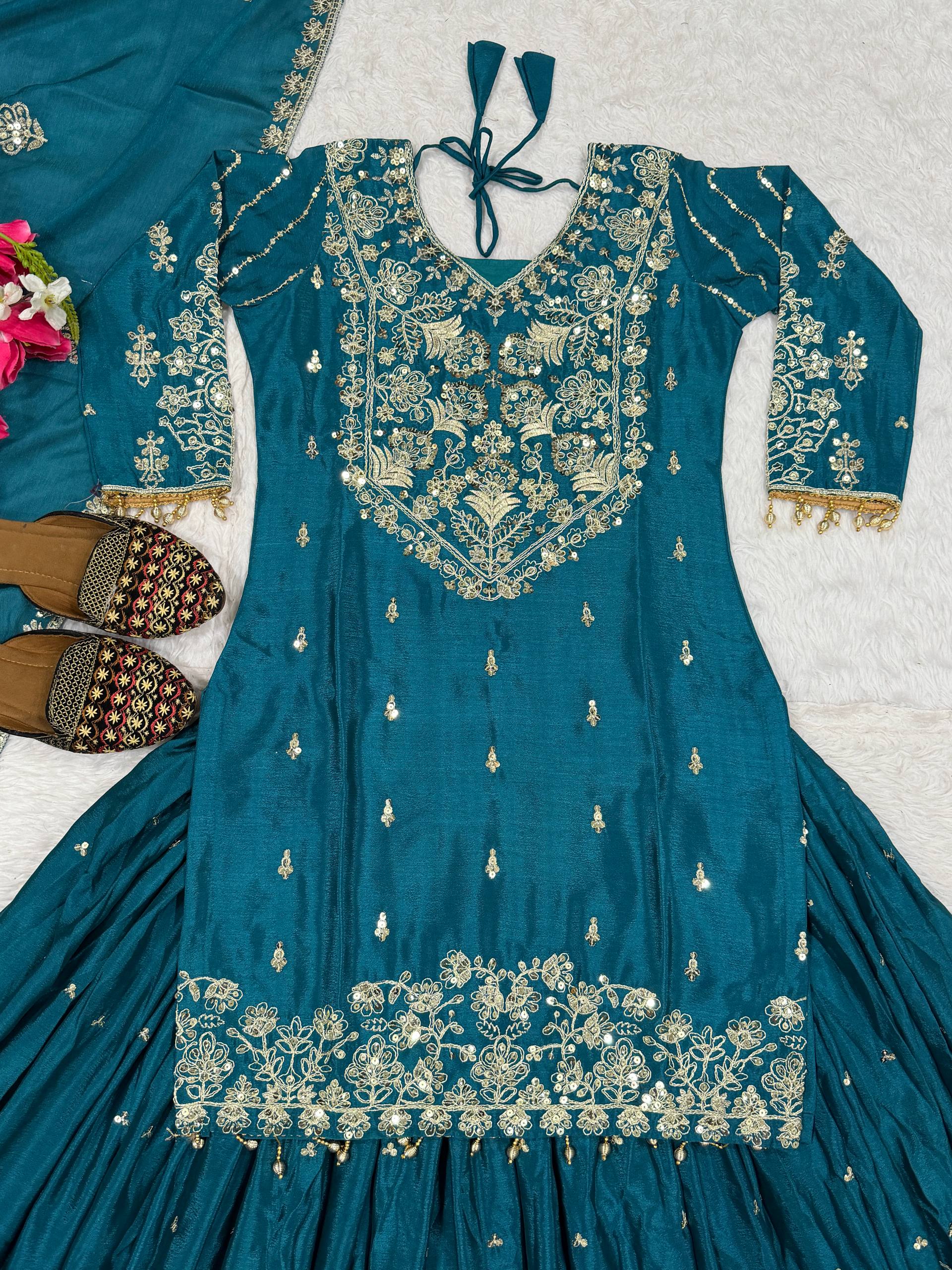 Designer Chinnon Silk Lehenga Choli Set with Embroidery & Sequins