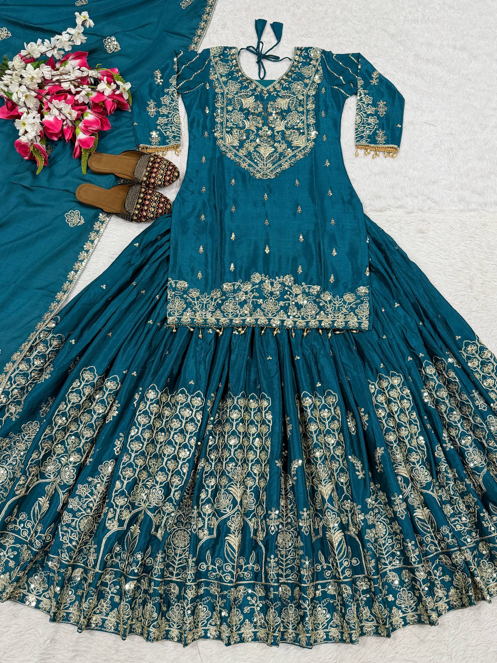 Designer Chinnon Silk Lehenga Choli Set with Embroidery & Sequins