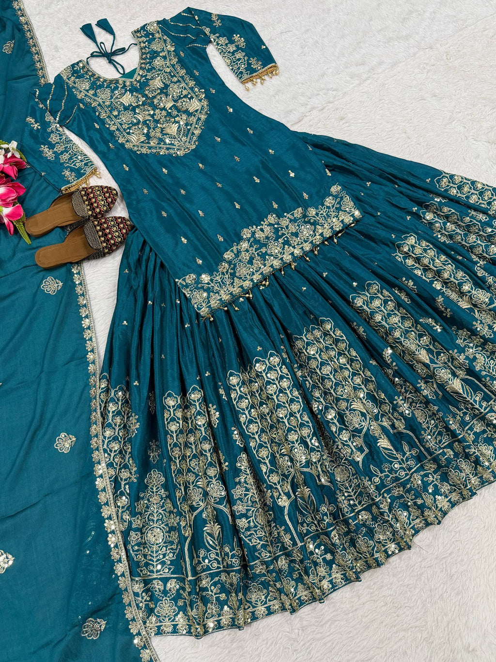 Designer Chinnon Silk Lehenga Choli Set with Embroidery & Sequins