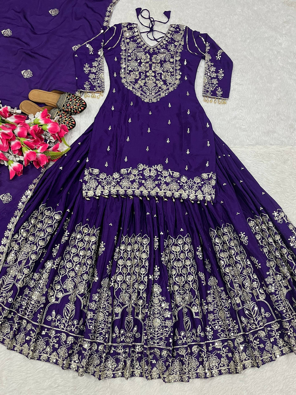 Designer Chinnon Silk Lehenga Choli Set with Embroidery & Sequins